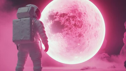 Wall Mural - astronaut stands on lunar surface with pink moonrise in the background