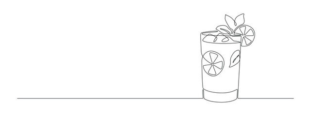 Poster - Glass of cocktail in continuous one line drawing. Mojito and beverage bar in simple linear style. Alcohol drink menu in editable stroke. Doodle oneline vector illustration