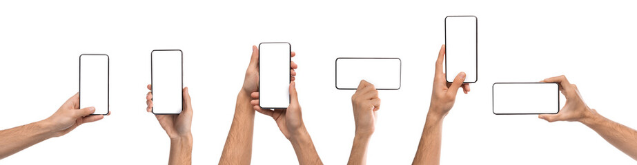 Set of male hands holding smartphone with blank screen in different orientation isolated on white background, panorama, banner. Guy using cell, browse internet, watch video, presenting free copy space