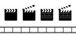 © vikusha_art - Clapper board icons and film strip isolated on white background. Closed and open movie clapboard silhouettes. Camera and action concept. Cinema production objects. Vector graphic illustration.