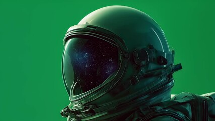 Wall Mural - astronaut wearing a spacesuit and helmet with a galaxy reflection stands against a green screen back