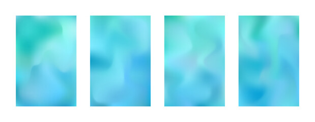 Wall Mural - Set of bright calm vector blue and teal liquid stains mesh gradient background. Abstract tranquil fluid turquoise digital watercolor flyers for banner design, sky concept poster, water landscape