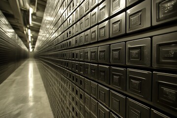 Wall Mural - abstract metallic grid corridor: industrial architecture and data storage concept