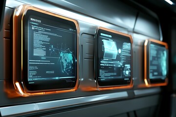 Wall Mural - futuristic control panel with interactive screens displaying data