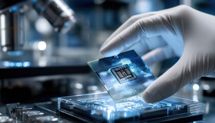 Aufkleber - A person is holding a computer chip in a white glove