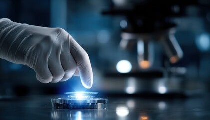 Fototapete - A person wearing gloves is touching a small device with a blue light