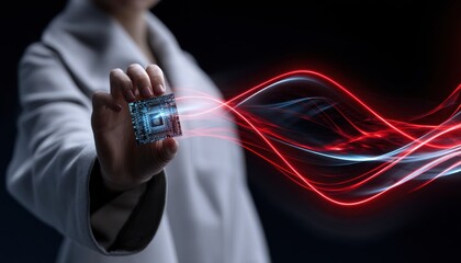 Fototapete - A woman is holding a computer chip in her hand, with a red