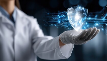 Poster - A woman in a white lab coat is holding a blue shield