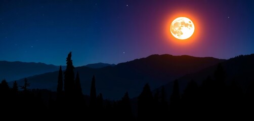 Wall Mural - Silhouetted cypress trees and mountains against a vibrant night sky, full moon glowing,  dark sky,  mystical