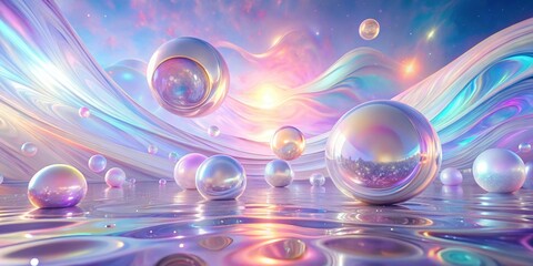 Wall Mural - Surreal iridescent spheres float on a dreamy pastel landscape of flowing, reflective surfaces under a vibrant, starlit sky