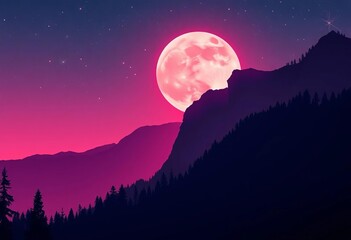 Wall Mural - Pink moonlit silhouettes of mountains and forest, starry night sky, wild nature, texture
