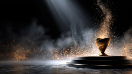 Poster - A gold cup is on top of a pedestal in a foggy, mysterious setting