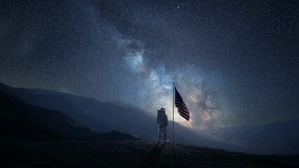 Wall Mural - astronaut stands beneath a vivid milky way, holding a flag in a stunning extraterrestrial landscape,