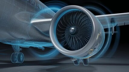 Airplane engine rotating, revealing intricate internal components through animated wireframe and pulsing sound waves, highlighting engineering precision against dark background
