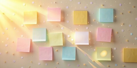 Wall Mural - pastel-colored sticky notes with festive confetti and sunbeams on a neutral background