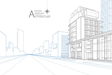 Aufkleber - 3D illustration abstract urban building out-line drawing of imagination architecture building construction design.