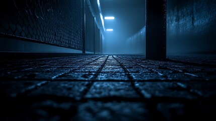 Dimly lit corridor perspective with textured brickwork