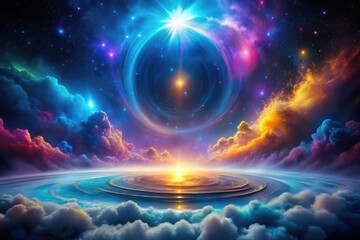 Wall Mural - a celestial tapestry woven with vibrant nebulae and a glimmering, serene horizon