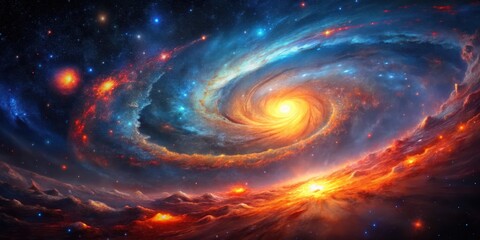 Wall Mural - A fiery cosmic swirl, a celestial dance of brilliant nebulae and incandescent stars, reveals a breathtaking panorama of a vibrant galaxy