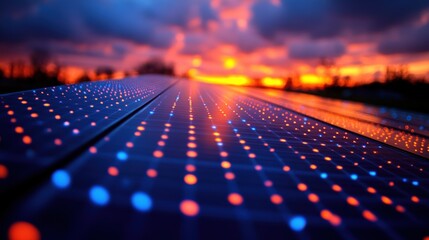 Stunning solar panel array under dramatic sunset sky with colorful light reflections