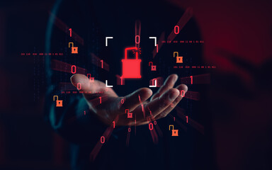 Aufkleber - Cybersecurity breach concept with a hand holding an unlocked padlock symbol, surrounded by binary code, representing data leakage, system vulnerability, and digital access threats.