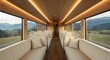 © Hastuti - Luxurious train interior featuring spacious seating large windows. Comfortable travel design. Modern lounge with elegant decor. Enjoy scenic views, nature landscape during relaxation on journey