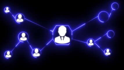 Animation of network of connections with icons and data processing over, Technology, Social network structure chain Internet and network system. Connected people avatars or icon. 
