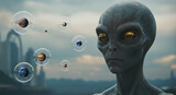 Extraterrestrial Encounter: Grey Alien Contemplating Planetary Systems