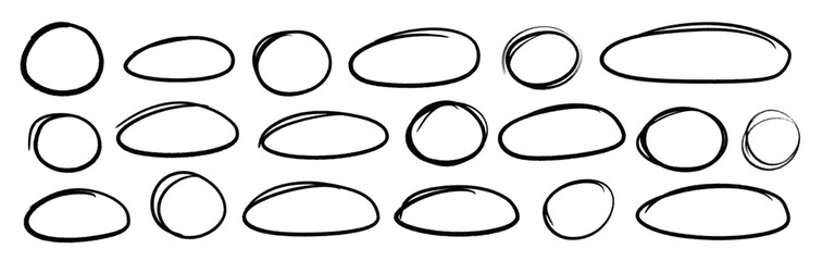 Aufkleber - Line brush pen highlight round oval frame set. Hand drawn marker, pen scribble stroke line oval frame. Brush round frame for text highlight ellipse. Grunge scratch style set. Vector illustration