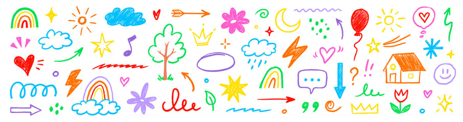 Aufkleber - Hand drawn crayon child pencil style icon set. Cute rainbow, heart, crown, flower and sun in colorful kid doodle style. Chalk texture, cloud, smile, star and sketch figure for play or school design