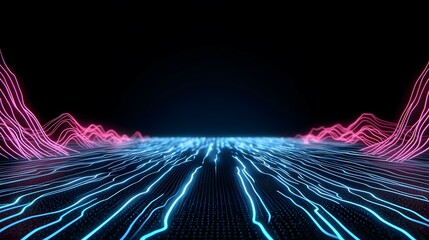 Wall Mural - the image contains a digital rendering of a landscape with glowing neon lines forming wavy patterns 