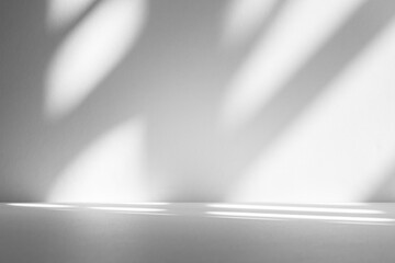 Fototapete - Wall interior background, studio and backdrops show products.with shadow from window color white and grey. background for text insertion and presentation product	
