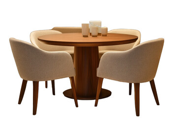 Poster - Round wooden dining table with four light beige upholstered chairs and candles as centerpiece