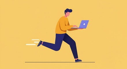 Man running with laptop representing speed and productivity on yellow background
