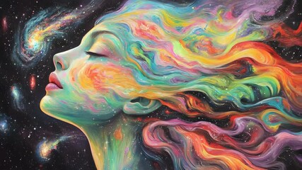 Wall Mural - woman with colorful hair surrounded by a vibrant nebula in a cosmic and dreamlike atmosphere