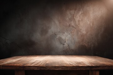 Wall Mural - rustic wooden table against a dark, textured wall, lit from above, creating a dramatic, moody settin