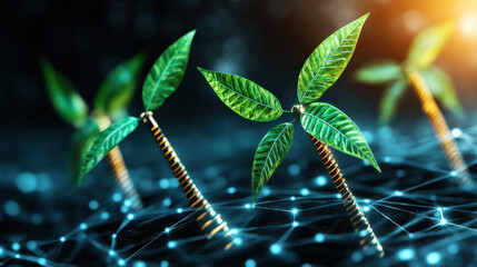 Poster - Young plants with vibrant green leaves emerge from digital network, symbolizing fusion of nature and technology for sustainable growth and innovation