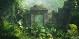 A serene jungle scene with ancient ruins partially buried in greenery