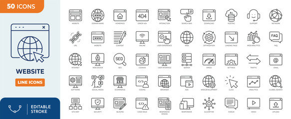 website line editable icon set. contain icons related to containing web design, internet, content, s