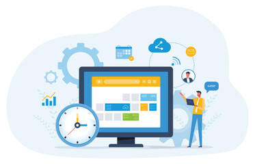 Poster - Flat vector illustration design Business planning concept and Business people team working with digital online calendar. online work schedule app connect concept
