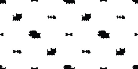 Wall Mural - dog seamless pattern cat puppy bone fish kitten calico pet silhouette vector food bowl cartoon tile 