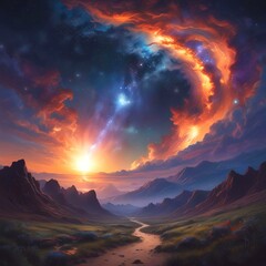 Illustration of wild landscape with milky way nebula and stars on the bright night sky.