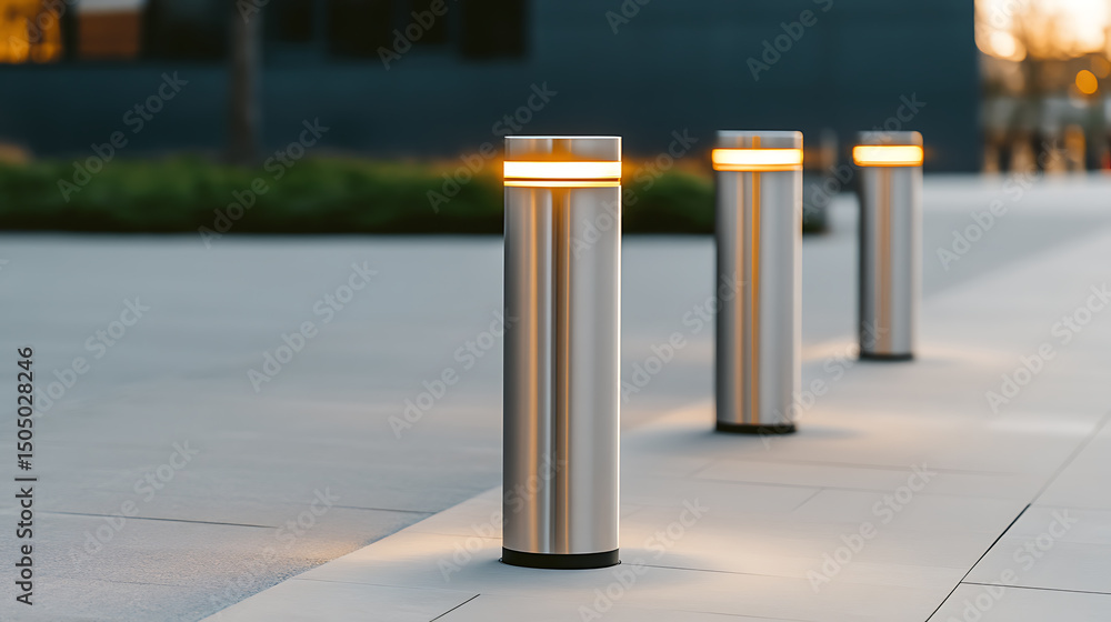 Illuminated bollards line a pedestrian walkway, enhancing safety and ...