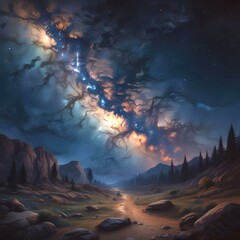 Illustration of wild landscape with milky way nebula and stars on the bright night sky.
