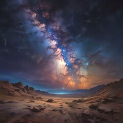 Illustration of wild landscape with milky way nebula and stars on the bright night sky.