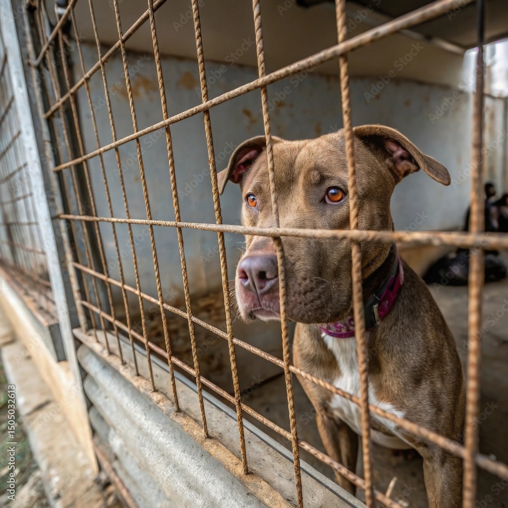 stray dog confined in a rusty cage at an animal shelter, looking sad ...