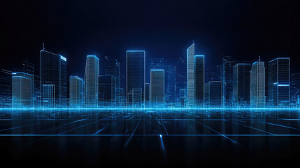 Aufkleber - Minimal futuristic skyline, digital cityscape, glowing blue lines, modern architecture, night, technology, abstract urban scene