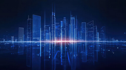 Poster - Futuristic city skyline with glowing blue lines, digital buildings, and high tech atmosphere, evoking innovation and progress