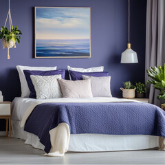 Poster - Modern bedroom with purple wall, cozy bed, decorative pillows, indoor plants, and calming artwork creates peaceful, inviting atmosphere