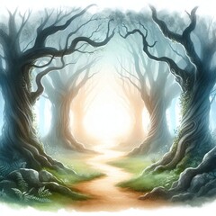 Poster - Minimalist watercolor illustration of Enchanted Forest Pathway with Mysterious Light and Ancient Trees